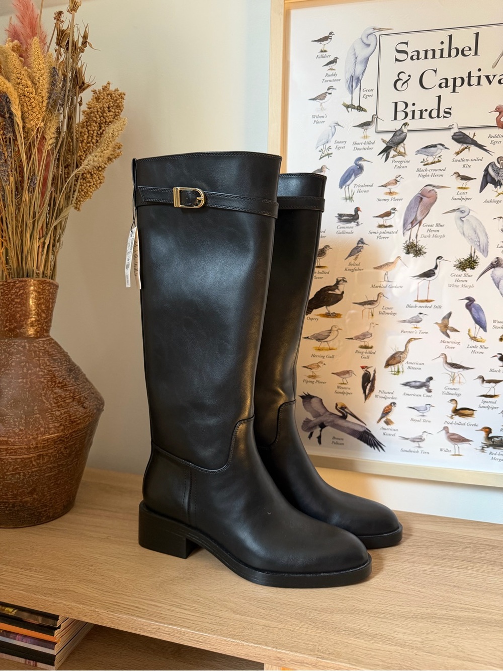 Zara Black Knee-High Leather Boots with Buckle Accent